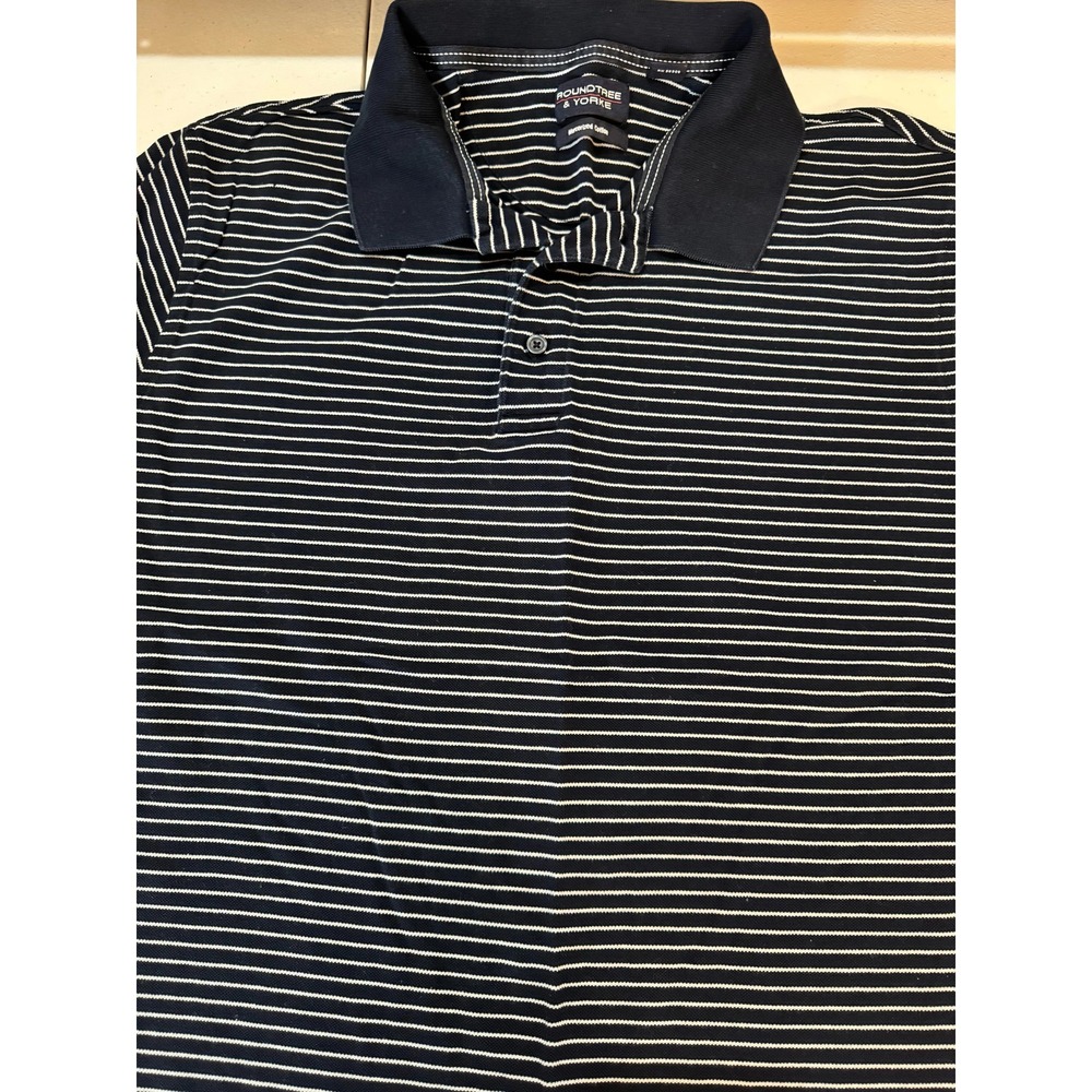 Roundtree & Yorke Mens Polo Shirt M Navy Blue White Striped Egyptian Luxury - Picture 3 of 4